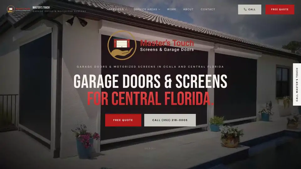 The home page of Master's Touch Screens & Garage Doors's website, built by Arnold Systems