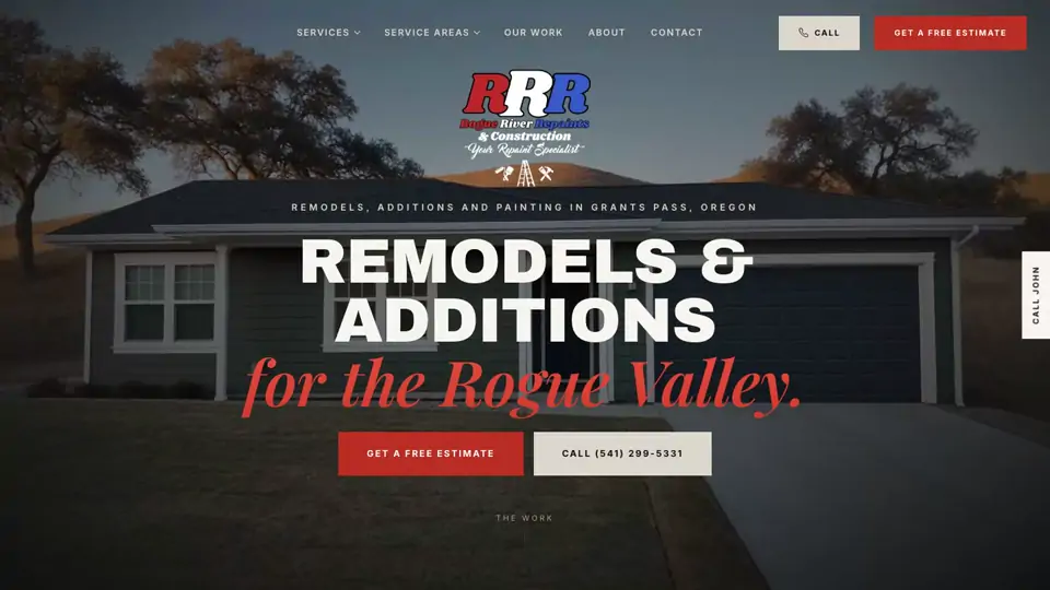 The home page of Rogue River Repaints & Construction's website, built by Arnold Systems